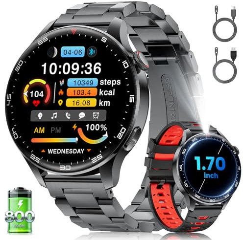 Reloj Inteligente Hombre, LIamadas Bluetooth, 1,7Grande Smartwatch Hombre con Linterna LED/800 mAh/IP68, 100+ Modos Deportivos, Monitor de Frecuencia Cardíaca y Sueño, Android e iOS, Negro Rojo