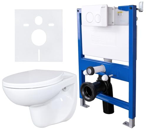 Belvit Wand WC Komplettset mit Vorwandelement 75-82 cm, spülrandloses Hänge WC mit Softclose Sitz, Unterputz Spülkasten, Drückerplatte, WC Set für Trockenbau, wandhängende Toilette, Weiß