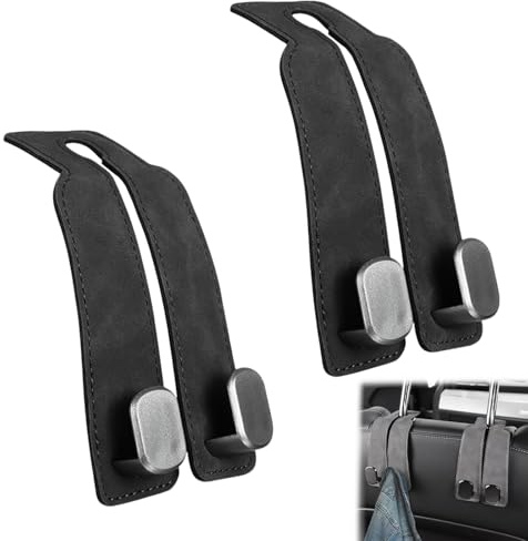 LEOINAER Ganci Poggiatesta Auto 2 Pezzi, Ganci Doppi in Pelle per Sedile con Supporto per Telefono, Organizer per Borse, Cappelli e Ombrelli, Accessori Universali per Interni Auto Nero