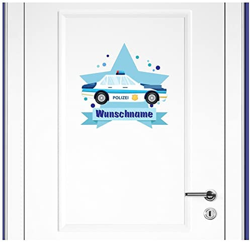 Samunshi® Polizeiauto Wandtattoo Türschild mit Name personalisierbar Kinderzimmer Türaufkleber Baby Wandaufkleber - 50x43cm mehrfarbig