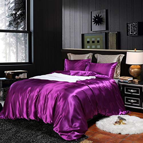 Lanqinglv Violett Satin Bettwäsche Set 220x240cm Seide Seidig 3 Teilig Lila Luxus Doppelbett Bettbezug mit Reißverschluss und 2 Kissenbezug 80x80cm