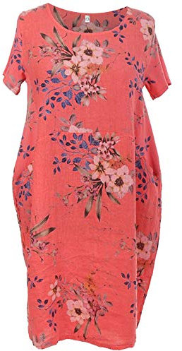 Storm Island Ladies Italian Linen Dress Ribbed Short Sleeves Sides Women Floral Top (16-18) Coral