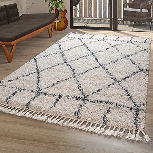 TT Home Teppich Wohnzimmer Shaggy Modern Rautenmuster Hochflor Karo In Creme Blau, Größe:60x100 cm