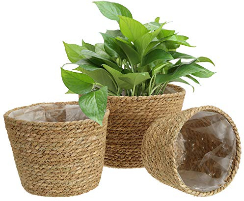 Yesland 3 Pcs Seagrass Planter Basket, 25.4cm/21.6cm/18.4cm Woven Plant Containers & Flower Pots Cover for Plant Pot Basket in Indoor or Outdoor