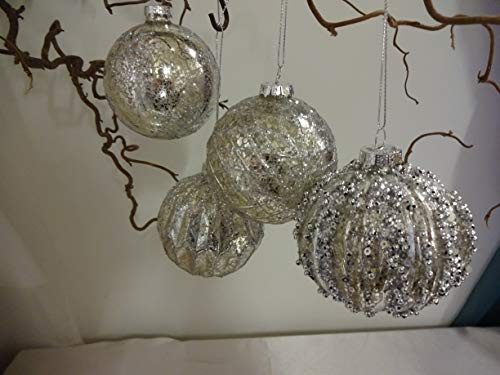Wurm 4 Edle Christbaumkugeln Silber Glas Weihnachtskugel 4fach soriert mit Perlen Glitter Weihnachtsschmuck