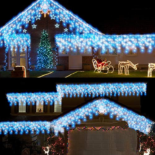 10M Icicle lights Outdoor Christmas light Plug In, Eaves Window Curtain Fairy Lights,Long Outside Fairy Light Icicle Ice Lights, 400LEDs Connectable with Remote Timer for Xmas,Gazebo(Blue+White)