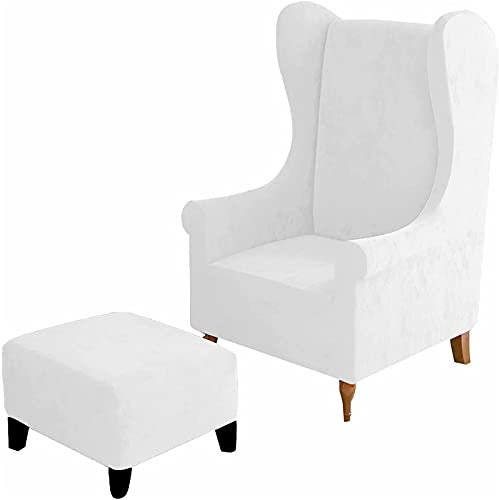 BXFUL Ohrensesselbezüge und Ottomane Abdeckung Bezug, Ohrensessel Schonbezug Hocker Bezug Rechteck/Square Samt Stretch 2 Stück (Wing Chair & Ottoman S,Weiß)