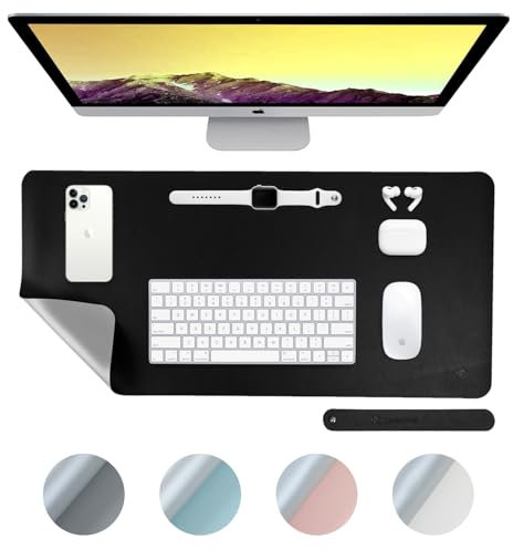 DesireTech Reversible Extra Large Office Desk Mat – Black & Grey, 80x40 cm | XL Dual-Sided Desk Mat | Waterproof Faux Leather Table Surface Protector | Desk Accessories, Laptop Mat & Mouse Pad