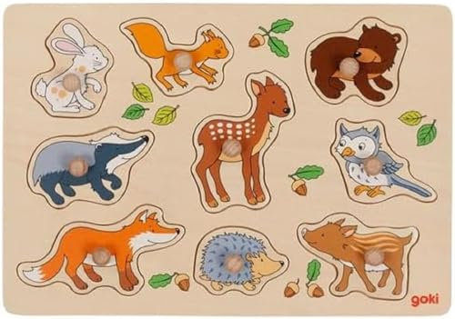 goki 57387 Steckpuzzle Waldtiere, Holzpuzzle mit 9 niedlichen Waldtieren und großen Greifknöpfen