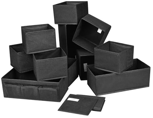 DIMJ 12 PCS Fabric Drawer Organizer Box - Foldable Storage Dividers and Cubes for Wardrobe, Socks, Underwear, Ties, Scarves, Cosmetics (Black)