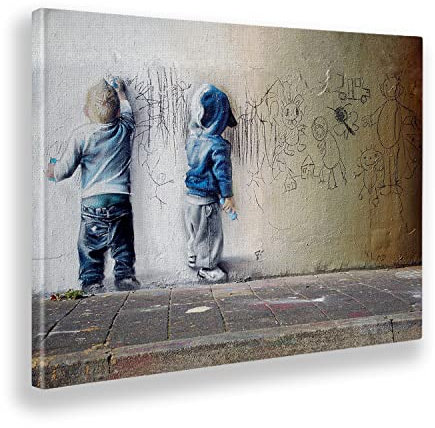 Giallobus - Gemälde - Banksy - Graffiti-Kinder - Leinwand mit Standardrahmen - 100x70 - Bereit zum Aufhängen - Moderne Gemälde für zu Hause