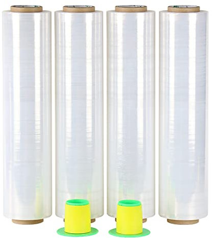 BOMEI PACK Film étirable demenagement (lot de 4) de film emballage, Transparent Cling Film 250m x 400 mm avec poignée de roulement en plastique, pour emballage et déménagement