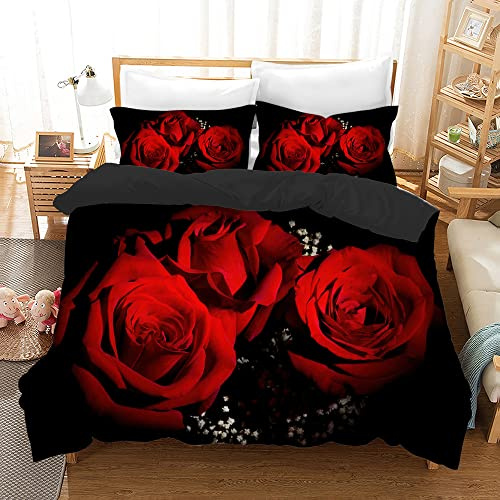 HZVRTN Bettwäsche 3D Rot Rose Bettbezug Set mit Reißverschluss und 2 Kissenbezug, Mikrofaser Kreative Rose Bettwäsche Set 3 Teilig für Erwachsene Kinder (135x200cm, DREI Rosen)