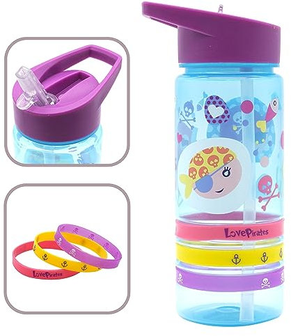 SRV Hub® Bouteille d'eau pour enfants de 550 ml – Bouteille d'eau personnalisée en plastique | Bouteille d'eau avec paille pop-up pour enfants à partir de 3 ans (Love Pirates)