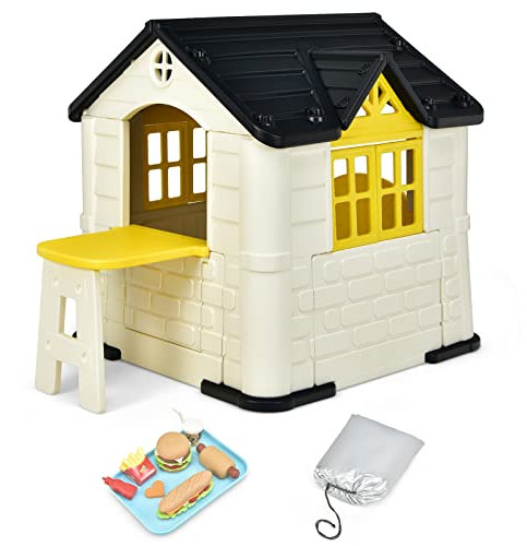 DREAMADE 164x124x132cm Spielhaus Kinder für drinnen und draußen, Kinderspielhaus mit Fenstern & Tür & Picknicktisch, Gartenhaus für Jungen und Mädchen ab 3 Jahren, inklusive Zubehör (Gelb)