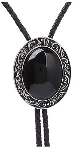 Himongoo Big Black Agate Bola Bolo Tie for Men Women Leather Rope Wedding Necklace Western Cowboy Necktie (Big Black Agate)
