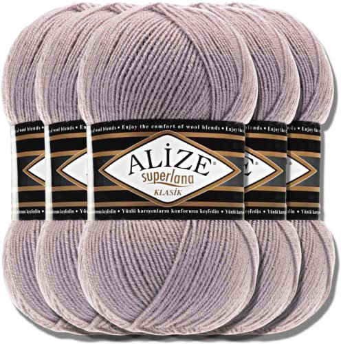 Hobby YARN Alize Superlana Klasik 5 x 100 g Türkische Premium Wolle Baumwolle und Acryl Uni Handstrickgarne Yarn Garn Strickgarn Baby zum Stricken Strickgarn (Rose Gray | 142)