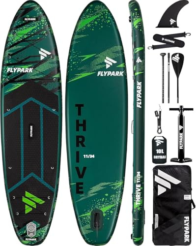 Flypark Paddleboard, aufblasbar, extra breites SUP für 190 kg / 3 Erwachsene, Yoga Stand-Up-Paddleboard, 110-l-Rucksack, 15 D-Ringe, Schultergurt, US-Finne, 2-Action-Pumpe, 335 x 86 cm