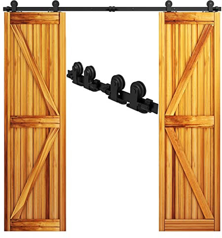 WOLFBIRD 457cm (15FT) Schiebetürbeschlag Doppeltür Schiebetürsystem Komplett-Set für 2 türen,Oberteil T Rollenaufhänger, Schwarz