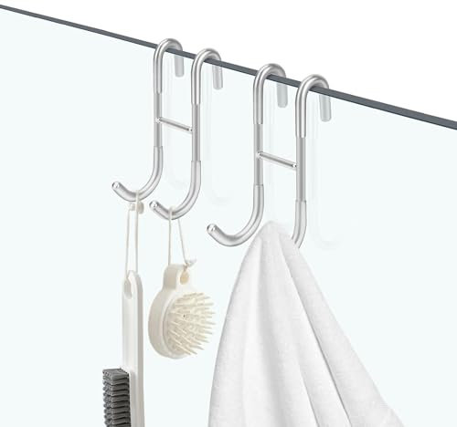 AKOFIC Lot de 2 Crochets de Douche, Acier Inoxydable Verre Crochet de Cabine de Douche avec Couvercle en Silicone, Crochet Porte Serviette sans Perçage Support pour Raclette de Douche Crochet