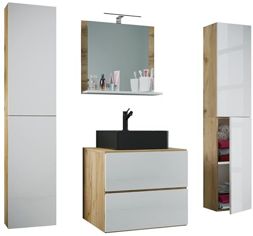 VCM 5-TLG. Waschplatz Waschtisch | schwarzes Waschbecken Unterschrank Breite 60 cm | Badmöbel Set mit Schubladen Drehtüren Spiegel | Lendas S BL