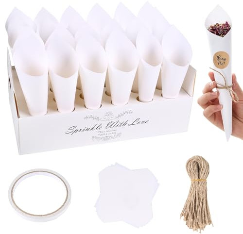 HULAGU 63 Pezzi Coni Portariso Matrimonio Kraft Coni Riso Matrimonio 1 Scatola di Coni e 1 Rotolo di Nastro Biadesivo 100 Corda di Canapa Coni Portariso Portaconfetti per Nozze Comunione Compleanno