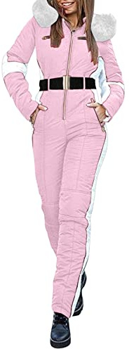 Skianzug Damen - Einteiler Warm Skijacke mit Fellkapuze Skioverall Ski-Anzug Dicker Ski-Anzug Schnee Winter-Overall One Piece Ski Suit Outdoor Winddichte Jumpsuit