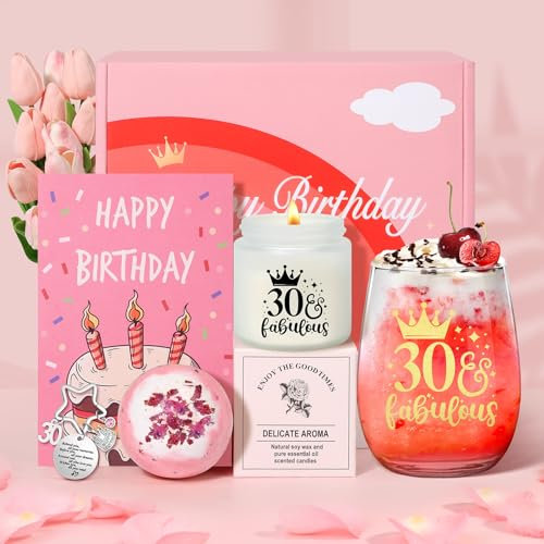 Tecanne 30th Birthday Gifts for Women, Birthday Pamper Gifts for Her, Personalised Glass 30th Wine Glass Gift Set, Gin Gift Box for Mum, Sister, Best Friends