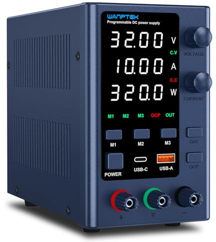 WANPTEK POWER DC Power Supply Variable 0-32V 0-10A Bench Power Supplies Adjustable with Memory Storage/USB-A&Type-C Fast Charge/OCP&Output Function /4-Digit LED Display/