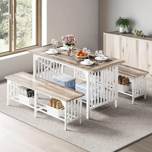 DWVO 3-teiliges Esstisch-Set für 4-6 Personen, 63 Zoll Esszimmertisch mit 2 Bänken, industrielles rechteckiges Esszimmertisch-Set mit Stauraum für Küche, Esszimmer, Gewaschenes Grau