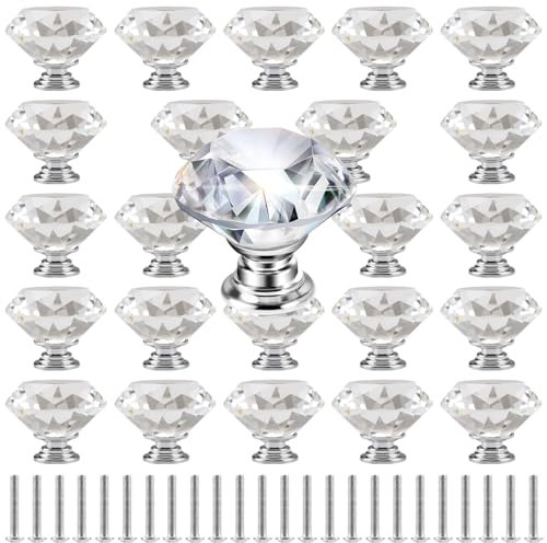 MAHIONG 24 Pcs Crystal Door Knobs, 40mm Decorative Glass Wardrobe Handles with Screws Diamond-Shaped Interior Knobs for Kitchen, Cabinet, Drawer, Bathroom, Home Décor