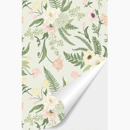 Papel Pintado Autoadhesivo Floral Verde - Lámina Adhesiva de Flores Vintage para Muebles