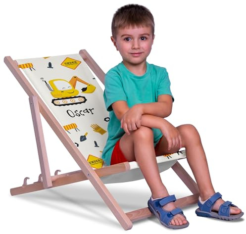 DreamRoots Kinderliegestuhl personalisiert Gr. S, Under Construction | faltbarer Kinderliegestuhl, Outdoor, für Garten, Camping & Strand, bis 30 kg, waschbarer Bezug, 100% Polyester