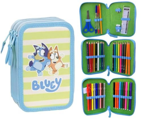 CARTOON Estuche multicompartimento estuche 3 cremalleras para la escuela completo bolígrafos lápices colores rotuladores, Bluey, Estuches