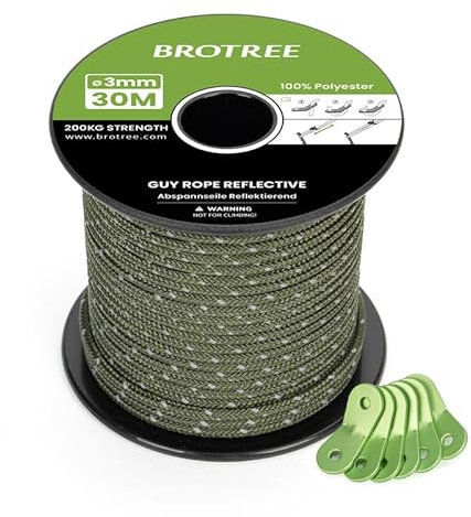 BROTREE Tent Guy Rope 3mm 30m Reflective Guy Line Heavy Duty Guide Rope with 6Pcs Aluminum Tensioners for Tent Gazebo Awning Camping (Army Green)