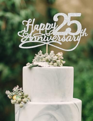Happy 25th Anniversary Cake Toppers - 25th Wedding Anniversary Decorations, SILVER Double Sided Glitter 25th anniversary cake topper, 25th Anniversary Party Decorations