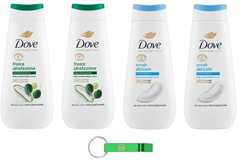 4x Testpaket Dove Advanced Care Docciaschiuma - Duschgel mit Aloe und Birkensaft + Peeling-Mineralien - Weiche Haut mit Creme Effekt 225ml + Beni Culinari Kostenloser Schlüsselanhänger