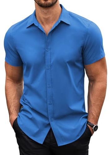 COOFANDY Shirts for Men Adult Short Sleeve Shirts Non Iron Dress Shirts for Men Summer Casual Shirts Formal Shirts Button Down Shirt Work Office Ocean Blue XXL