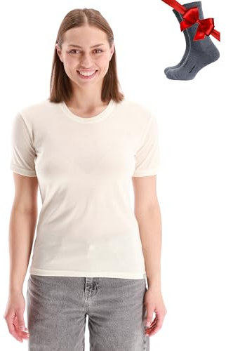 Merino.tech 100% Merino T Shirt Damen - Merinowolle Sport Wandern Thermoshirt Damen + Wandersocken (Large, Creamy White)