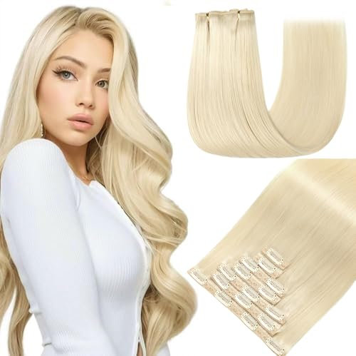 GUDOZO Clip in Extensions Echthaar 7pcs 60cm 120g Bleach Blonde Invisible Clip Extensions Echthaar Extensions Clip Extensions Skin Weft Haarverlängerung(24zoll,60#)