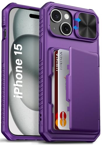 Vihibii for iPhone 15 / iPhone 14 / iPhone 13 Case Wallet with Card Holder (4 Cards) & Slide Camera Cover, Military Grade Drop Protection, Hard Back & Silicone Edge Phone Case, 6.1 2023, Dark Purple
