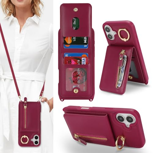 Zouzt Crossbody Wallet Case for iPhone 16 Plus, with Strap, Burgundy | Lanyard Purse, 4 Card Holder, 360° Ring Kickstand, PU Leather Zipper Handbag, Shockproof TPU, Back Flip Phone Cover for Women