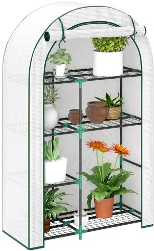 Invernadero Outsunny con Puerta de Techo Redonda, estantes, Invernadero de lámina de Acero Resistente al Invierno, Invernadero para balcón, jardín, caseta para Tomates 100 x 45 x 160 cm, Invernadero
