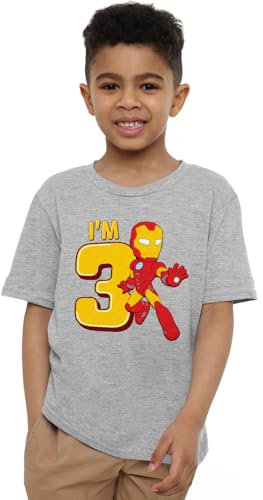 Iron Man Boys Cute Birthday 3 Unisex Kids T-Shirt, Athletic Heather, 3-4 Years UK