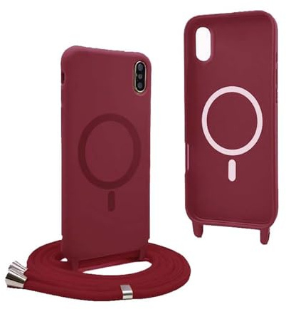 YFSYLL Magnétique Coque pour iPhone XR avec Cordon,Compatible avec MagSafe,Coque Silicone pour Magnétique avec Réglable Collier - Rouge