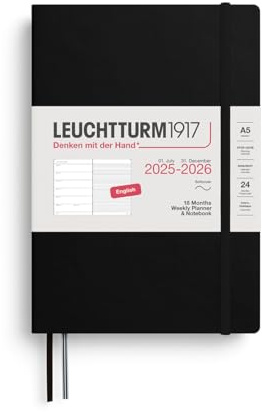 LEUCHTTURM1917 372802 Wochenkalender & Notizbuch Medium (A5) 2026, 18 Monate 07.2025-12.2026, Softcover, Schwarz, Englisch