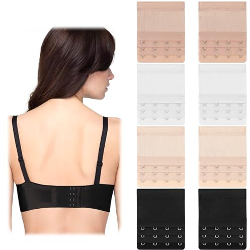 Larrel 8 PCS Women's Bra Extender, 4 Hooks 3 Rows Soft Elastic Bra Strap Extender Comfortable Adjustable Bras Band Extensions Bras Extensions Hooks Replacement (Black, White, Nude, Beige)