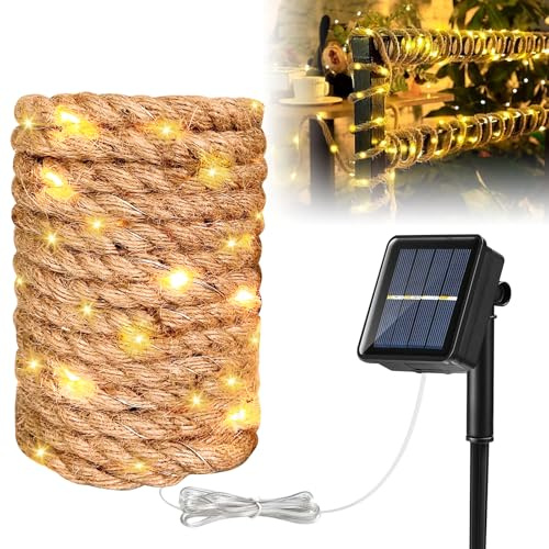 Solar Lichterkette Seil Garten 7m, Solar Lichterkette Aussen, Solar Hanfseil Lichterkette, Lichterkette Außen Solar Mit 100 Glühbirne, 8 Modi Vintage Hanfseil, Für Party, Hochzeit, Garten Deko