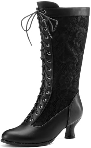 COOLCEPT Damen Vintage 70s Viktorianische Stiefel Kniehoch