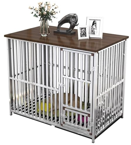Hundebox aus Edelstahl – Umwandelbarer Wohnzimmer-Beistelltisch mit abnehmbarem Tablett und Massivholzplatte für stilvolle Indoor-Haustierunterbringung